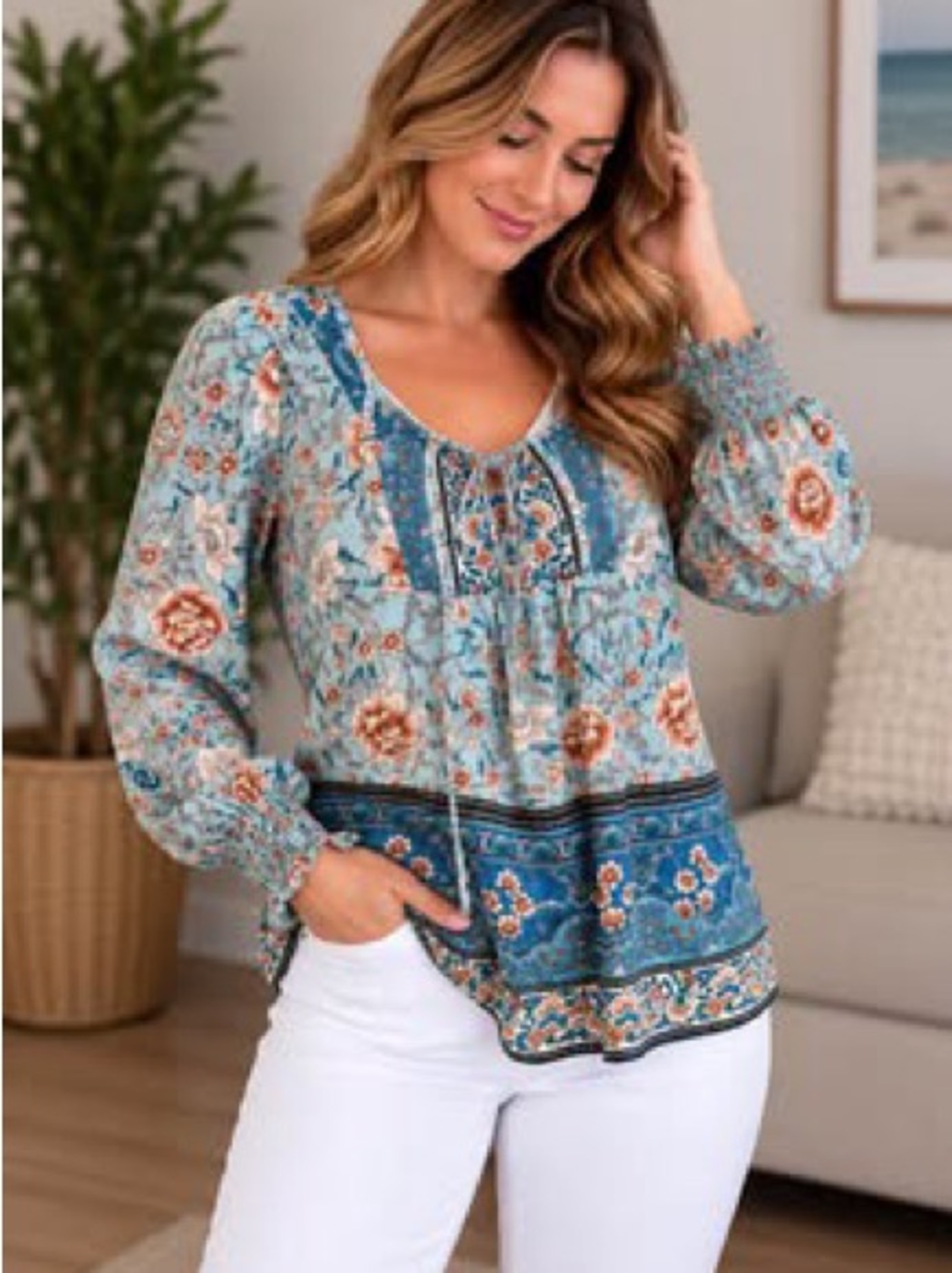 Blue Floral Boho Peasant Blouse Long Sleeve Border Print Top